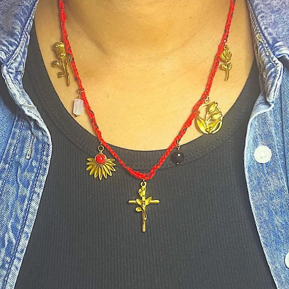 Spring/Summer 26’ Red & Black Cotton Rope Tulip Rose Cross Charm Necklace - Picture 1 of 1